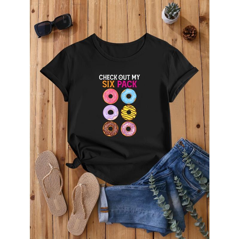 Women's Funny "Check Out My Six Pack" Donut Print Loose Casual Summer T-Shirt