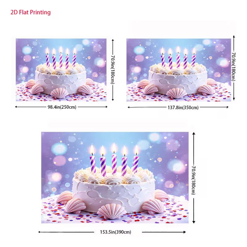 2D Sparkle Birthday Cake Backdrop Purple Blue Bokeh with Seashells for Kids Birthday Party Photo Booth