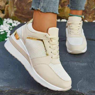 Spring Gold Silver Mesh Wedge Sneakers Women Lightweight Platform Heels Casual Shoes Woman Plus Size 36-43 Lace Up Sneakers