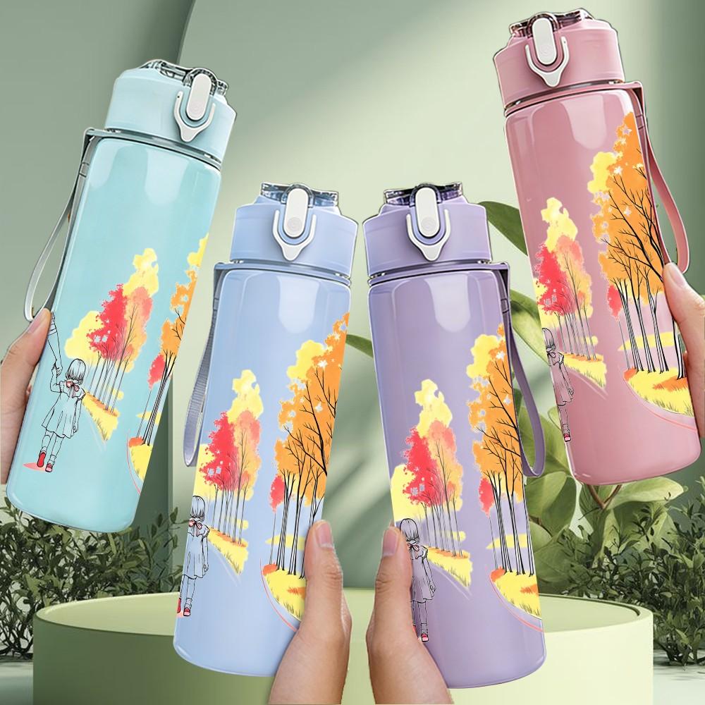 1PC Autumn Tree Bird Landscape View 750ml Color Plastic Sports Water Bottle Leakproof Flip Straw Lid Suitable for Sports Office Home Use