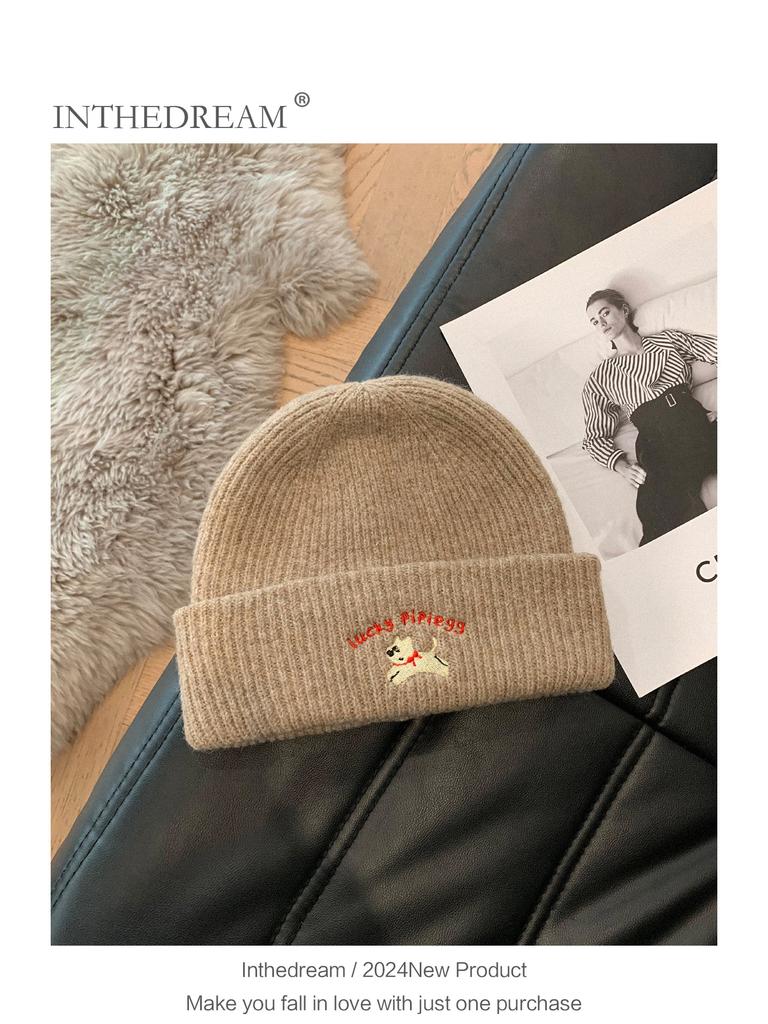 Cute puppy embroidered knitted hat female 2025 season wool hat showing small face big head circumference cold hat white