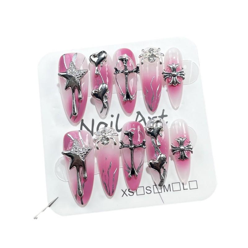 Handmade Press-On Nails With Cross Heart Design Gradient Blush Effect Medium-Long Length Thin Invisible Fit Women