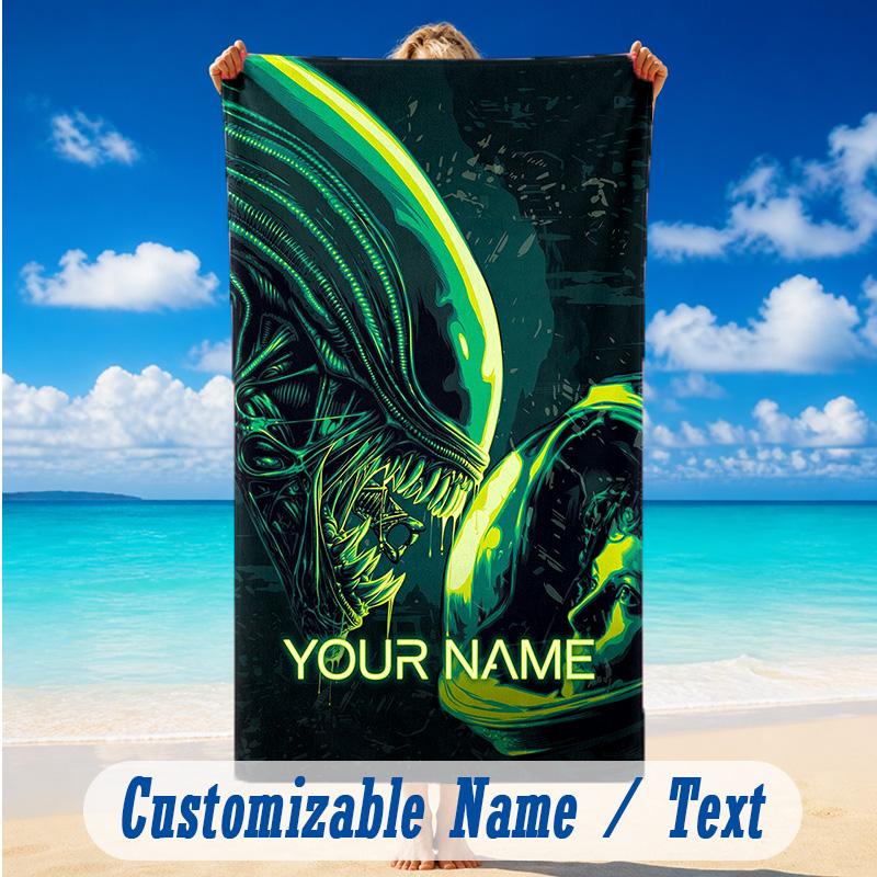 Beach Towel Custom Name Text, Quick Dry Large Towel For Beach HomeAlien Xenomorph