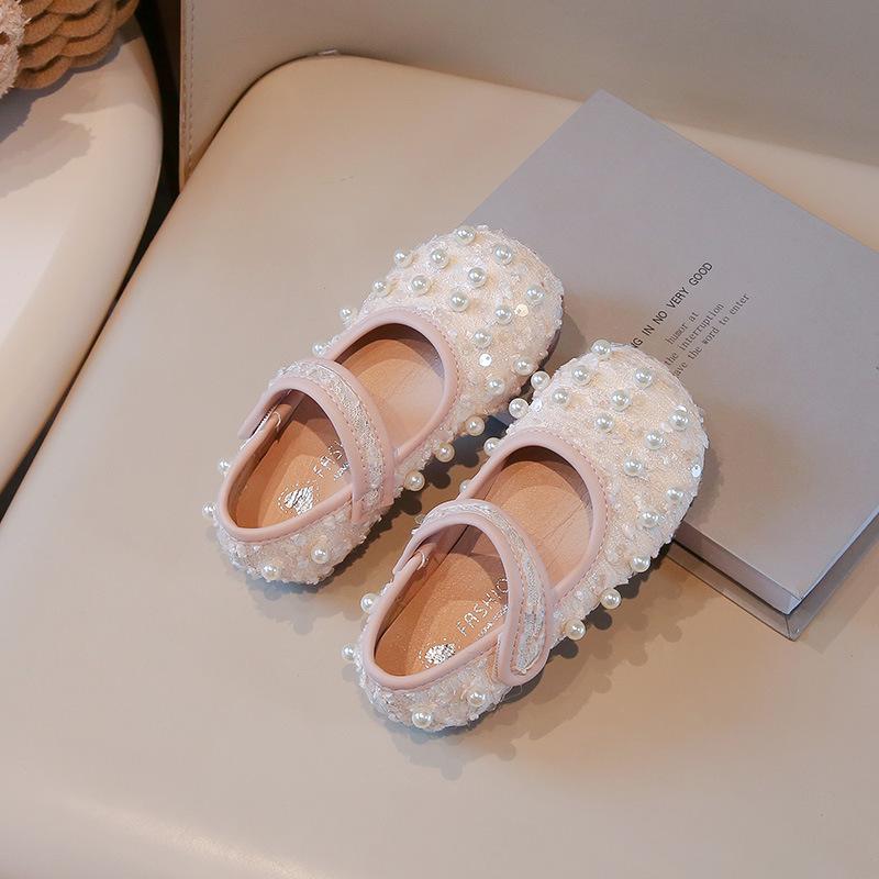 Girls Dance Shoes Elegant Round Toes Kids Flat Shoes Non-slip Soft Sole 2025 New Girls Princess Shoes with Sweet Pearl Ins Trend