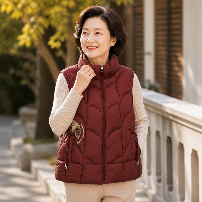 Women S Thin Cotton Vest High Stand Collar Quilted Ginkgo Embroidery Home Commute
