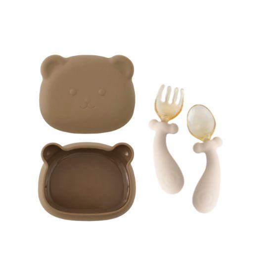 

Atti Rabbit Set Baby Bear Silicone Suction Bowl and Flexible Self Feeding Spoon Fork Set Peanut Brown