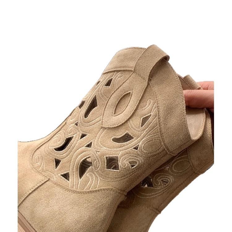 Cowhide Version~ New Short Boots Women's Western Cowboy Boots Embroidered Hollow Women's Thick Heel V-mouth Thick-soled Retro Knight Boots Women