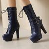 Women's Punk Style Lace-Up Mid-Calf Boot Belt Buckle Platform High Heel Short Boot Women White Round Toe 12cm Square Heel Shoes