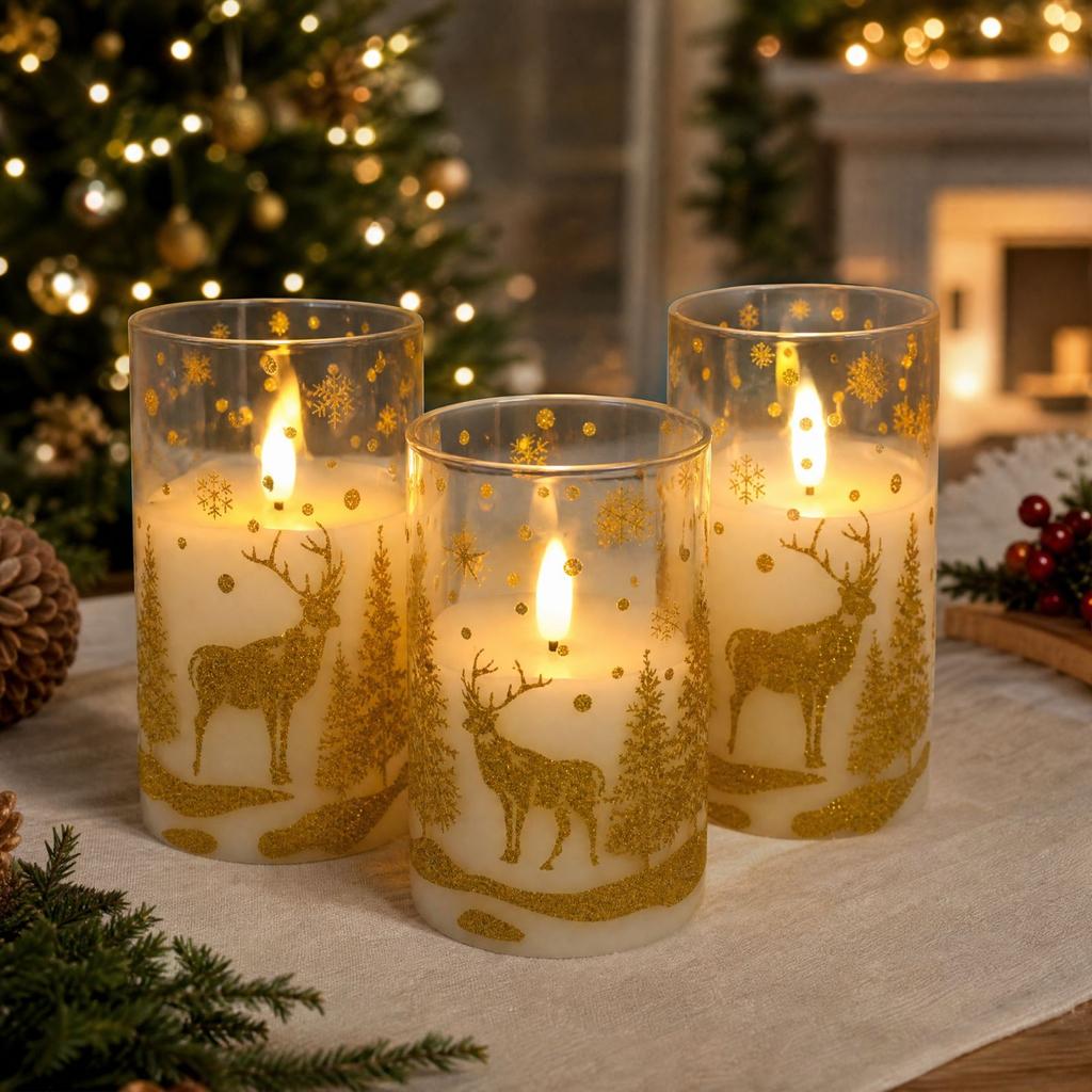 Gold Christmas LED Flameless Candle for Holiday Decor, Requires 3 AAA Batteries