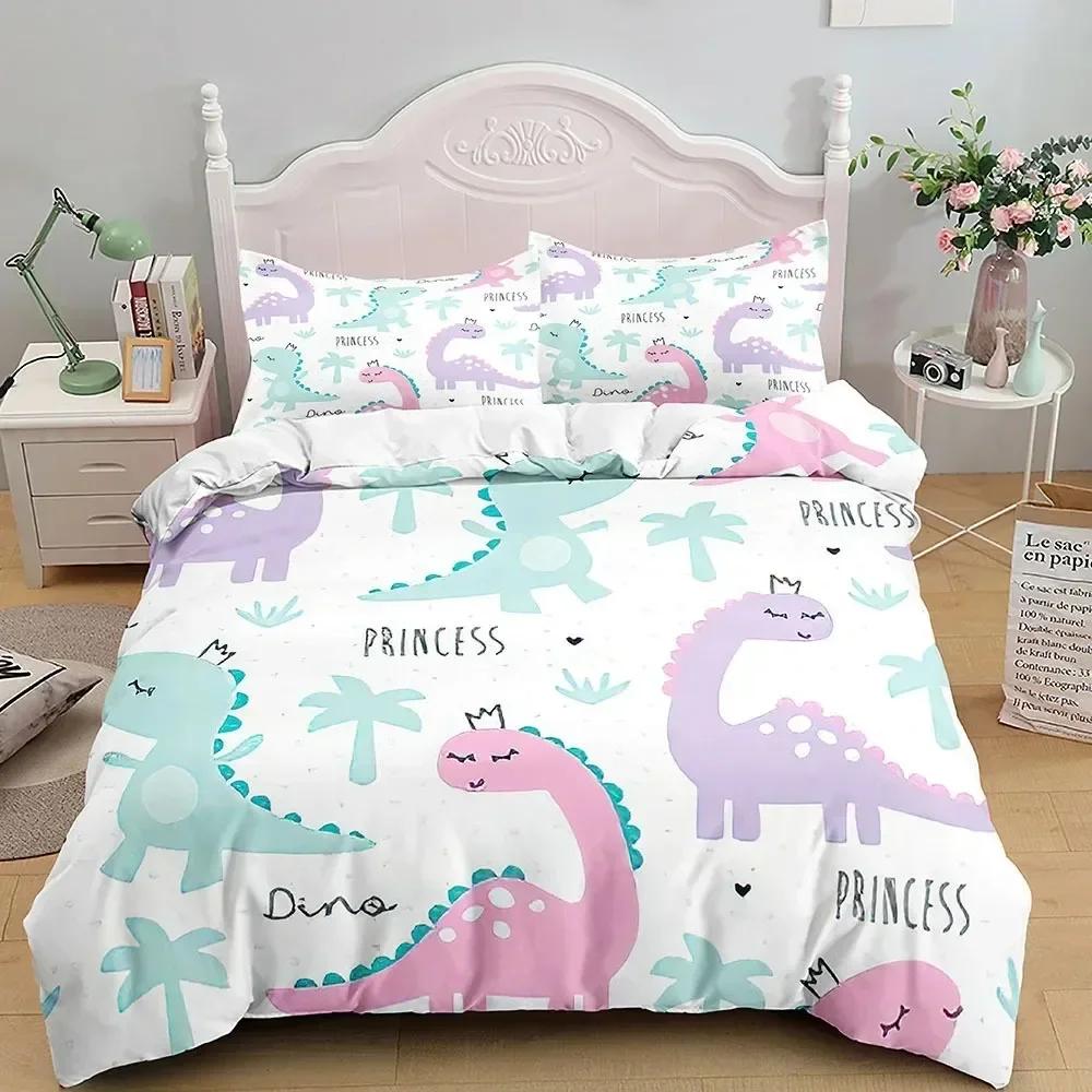 Cartoon Dinosaur Bedding Set Full King Queen Size,Cute Animal World Duvet Cover Orange Yellow Polyester Comforter Quilt Cover