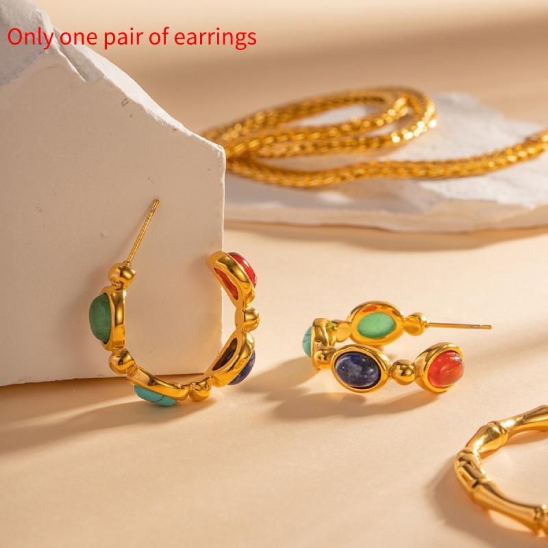 18k Gold Plating Stainless Steel Inlaid Natural Stone Cshaped Gift Earrings