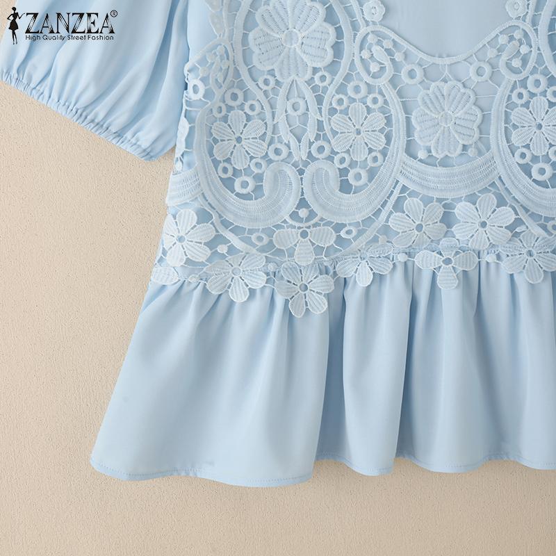 ZANZEA Women Casual Round Neck Crochet Patchwork Summer Short Sleeve T-Shirts