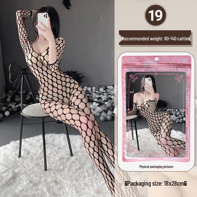 Linlinting Plus Size Sexy See-through Cutout Bodysuit with Open Crotch Stockings Set