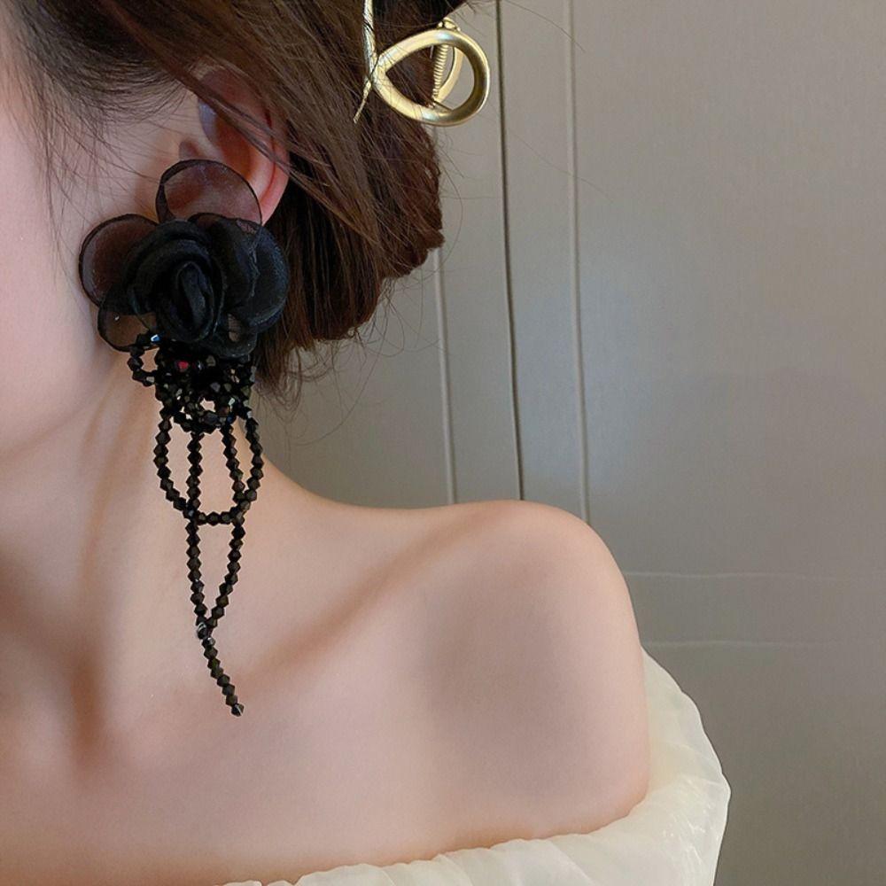 Light Luxury Tassel Earrings Silver Needle Crystal Dangle Earrings Gauze Flower Earrings  Women