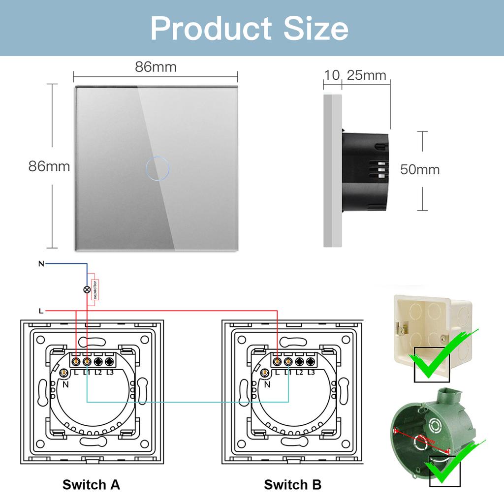 BSEED 1/2/3Gang Wifi Touch Switches 2Way Wall Light Switches Stairs Glass Tuya Smart Life Alice Control No Neutral 2 Pack
