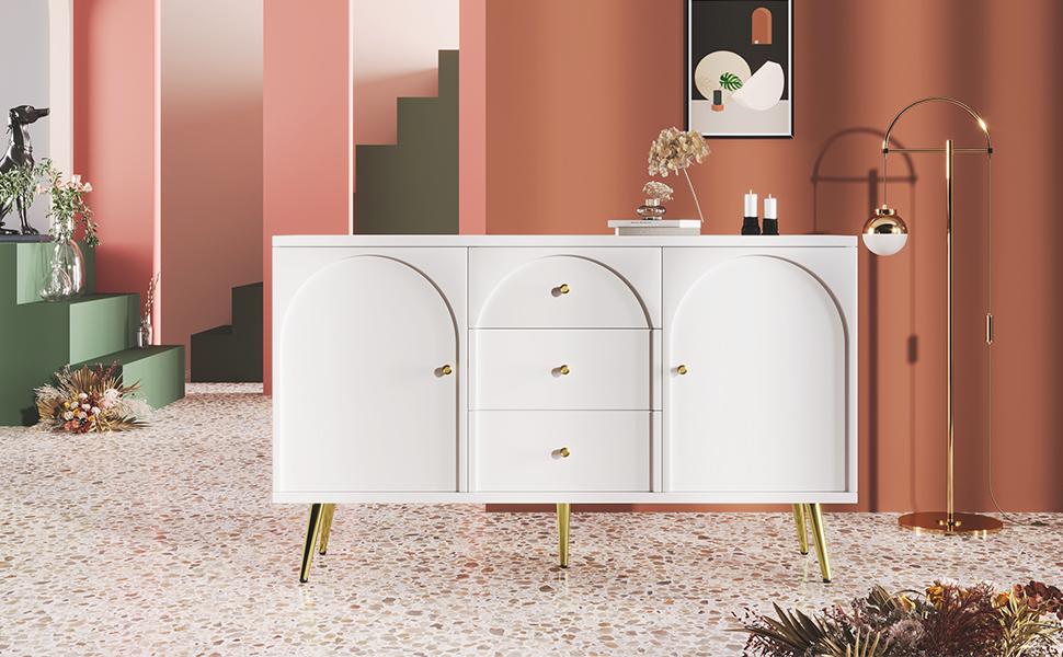 Chest of Drawers with 2 Doors and 3 Drawers, White Chest of Drawers, Adjustable Shelf, for Living Room Bedroom, Cream-White-H84/W140/D40 cm