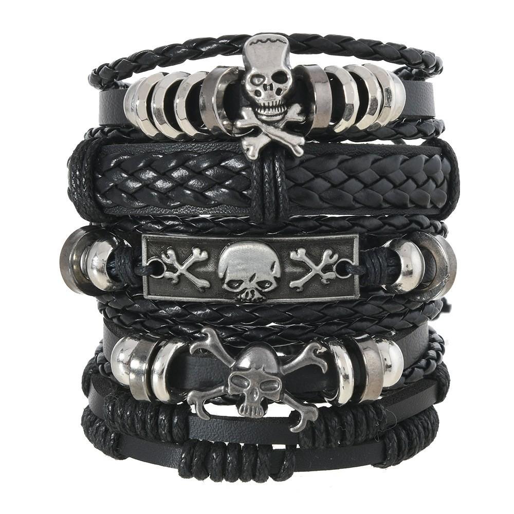 Alloy Men's Bracelet, Multi-layered Leather Skull Bangle, Viking Bracelet