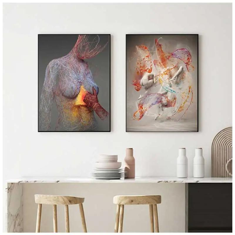 Abstract Metal Figure Statue Canvas Painting Poster and Prints Golden Portrait Sculpture Wall Picture for Living Room Home Decor