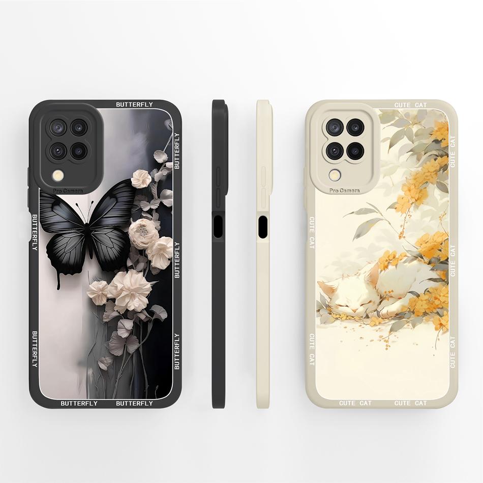 For Samsung Galaxy A12 M12 F12 Case Pretty Butterfly Full Coverage Phone Cover Anti Slip Soft Smooth Liquid Silicone Shell