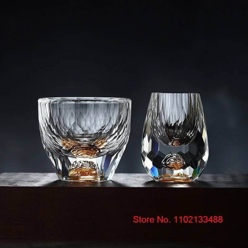 2 Pcs Crystal Shot Glasses Diamond Cutting 24K Gold Foil Small Wine Cup Luxury Spirits Liquor Glass Vodka Cup Baijiu Soju Cup