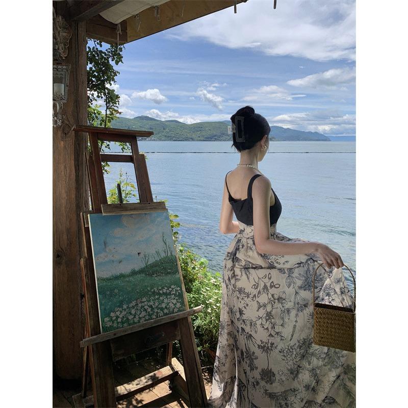 Летние женские лоскутные винтажные длинные платья с бретельками на шее XL чёрный/белый — фото 7