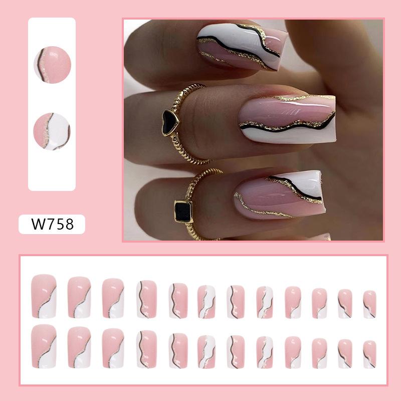 Simple white irregular corrugated black lines gold powder nail art finished product detachable European square wearing nail