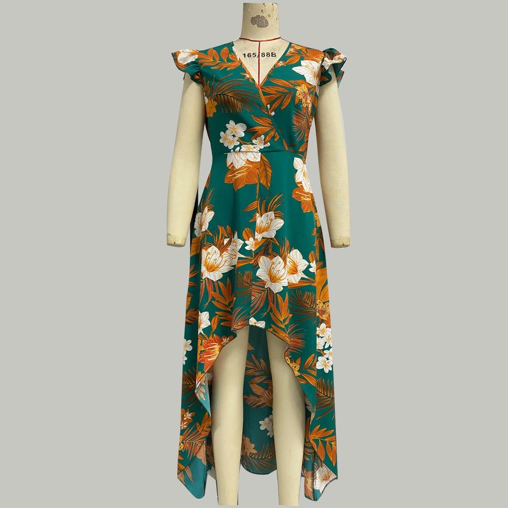 Spring Summer Women Seaside Vacation Slim Fit Sleeveless Dresses High Waist A-Line V-Neck Floral Print Slit Irregular Long Dress S-XL