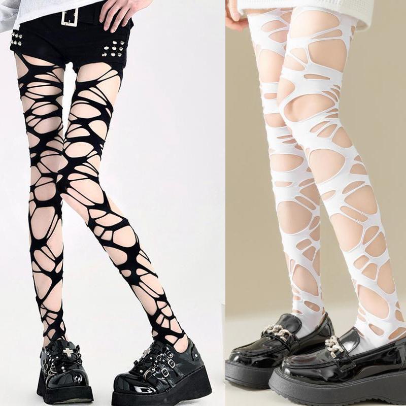 Gescheurde Visnet Panty's voor Dames - Stoere Verweerde Punk Kousen, Y2K Grunge Goth Esthetiek, Anti-Slip Rekbare Panty's One Size