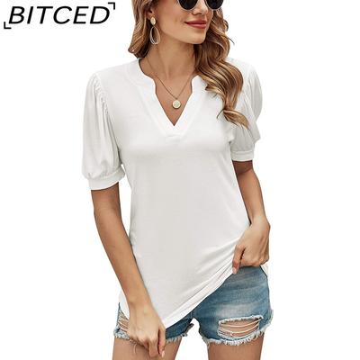 Losse Effen Kleur Casual V-hals Korte Mouwen Dames Top Dames T-shirt