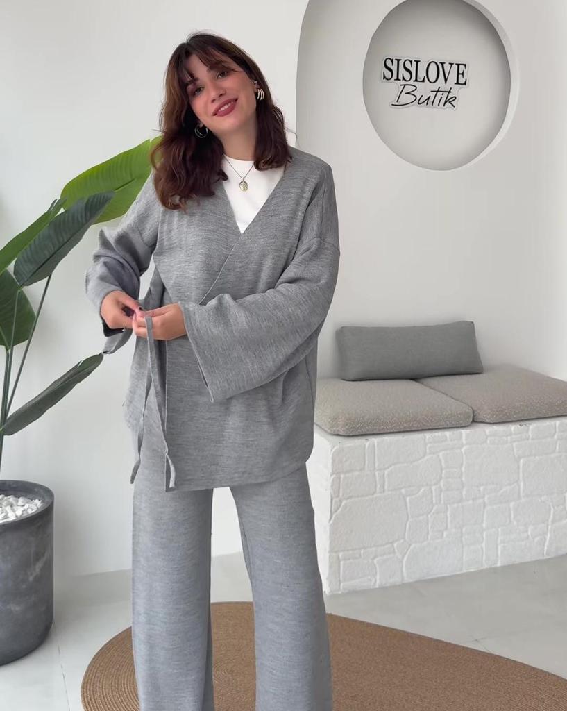 2025 Autumn Women's Crossover Collar Cardigan & Long Pants Set - Solid Color, Long Sleeve, Casual