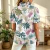 Damen Freizeit Rüschen V-Ausschnitt Oberteil mit Hawaiianischer Baum Print Kurze Puffärmel Knopfleiste Lockerer Schnitt Sommerbluse