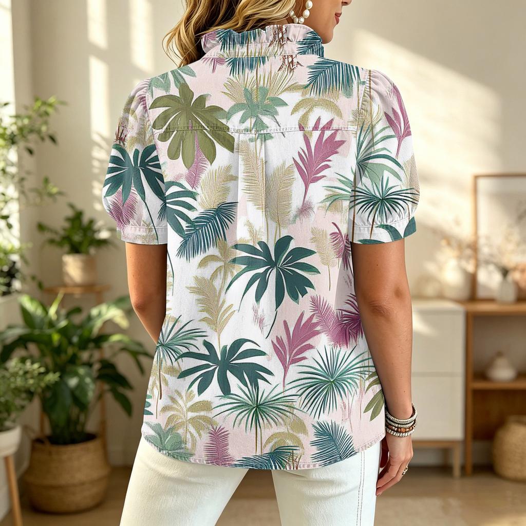 Damen Freizeit Rüschen V-Ausschnitt Oberteil mit Hawaiianischer Baum Print Kurze Puffärmel Knopfleiste Lockerer Schnitt Sommerbluse