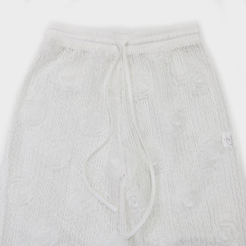 Women's Lace-Up Short Top with Loose Slim Pants Pure Colour See-Through Two Piece Set