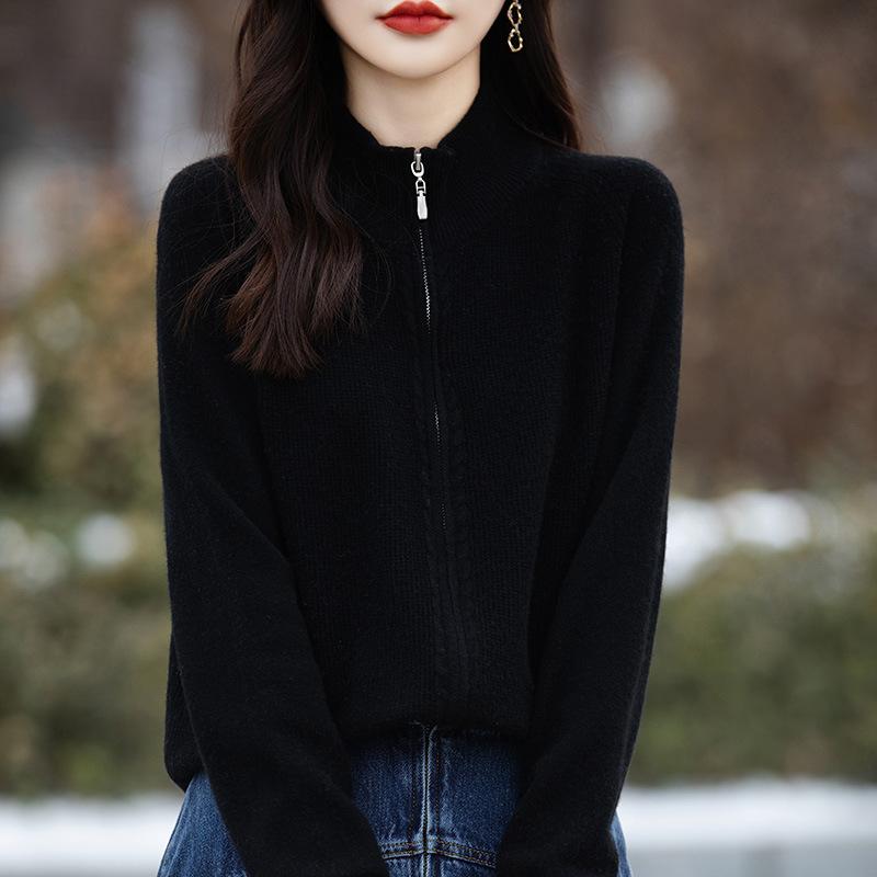 Autumn And Winter New 100 Wool Cardigan Women'S Semi-Turtleneck Zipper Sweater Jacket Wool Knitted Bottoming Shirt Top