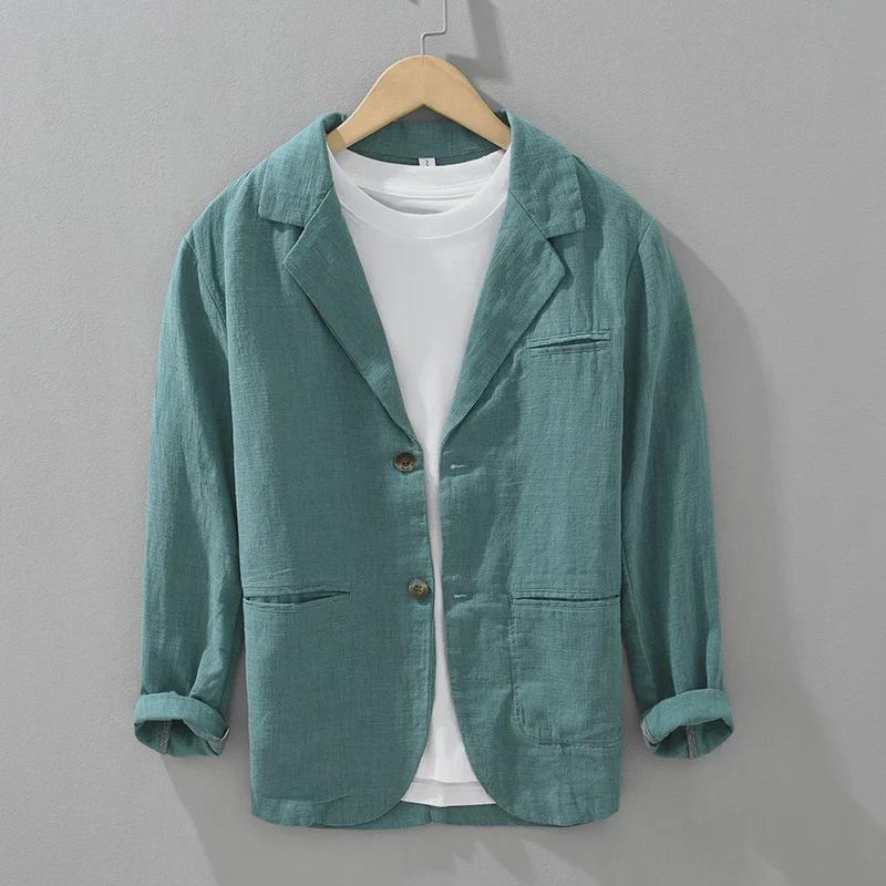 Herren-Retro-Anzug aus japanischem Ramie – locker, einreihig, einfarbig für Frühling und Herbst