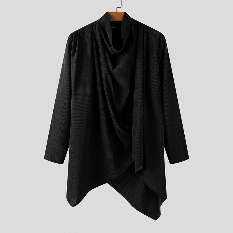 INCERUN Pánské podzimní topy a trička s dlouhým rukávem, s neobvyklým volným žebrovaným střihem a výstřihem s klopou