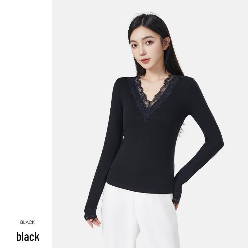 

Women s V-Neck Lace Trim Thermal Shirt – Slim Fit, Antibacterial, Long Sleeve, Suitable for Autumn and Winter. XL (suggested weight 130-145 jin)