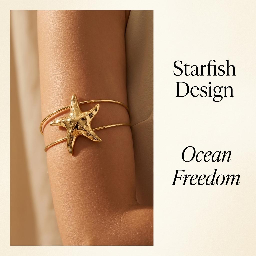 Starfish Hammered Upper Arm Cuff for Women Adjustable Gold Color Metal Open Bangle Boho Beach Body Jewelry Accessories