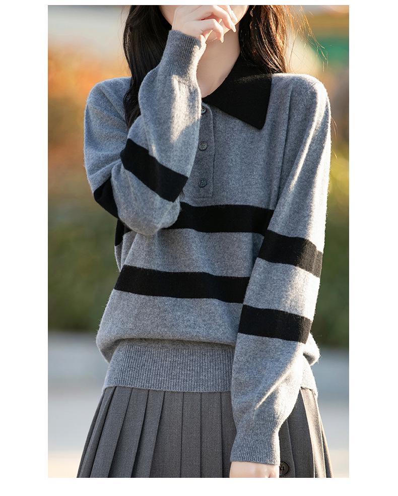 Autumn/Winter Women's 100% Wool Color Block Stripe Polo Sweater - Korean College Style Long Sleeve Knitwear