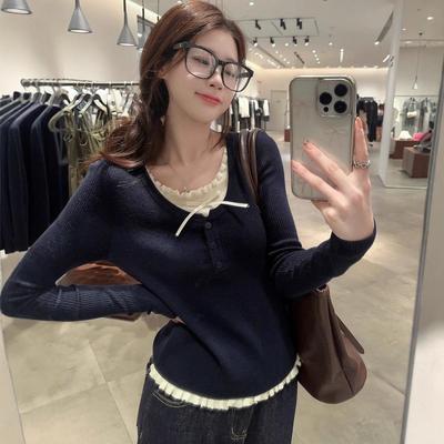 Women's Slim-Fit Lace Two-Piece Bow T-Shirt - Long Sleeve U-Neck Top for Spring & Autumn