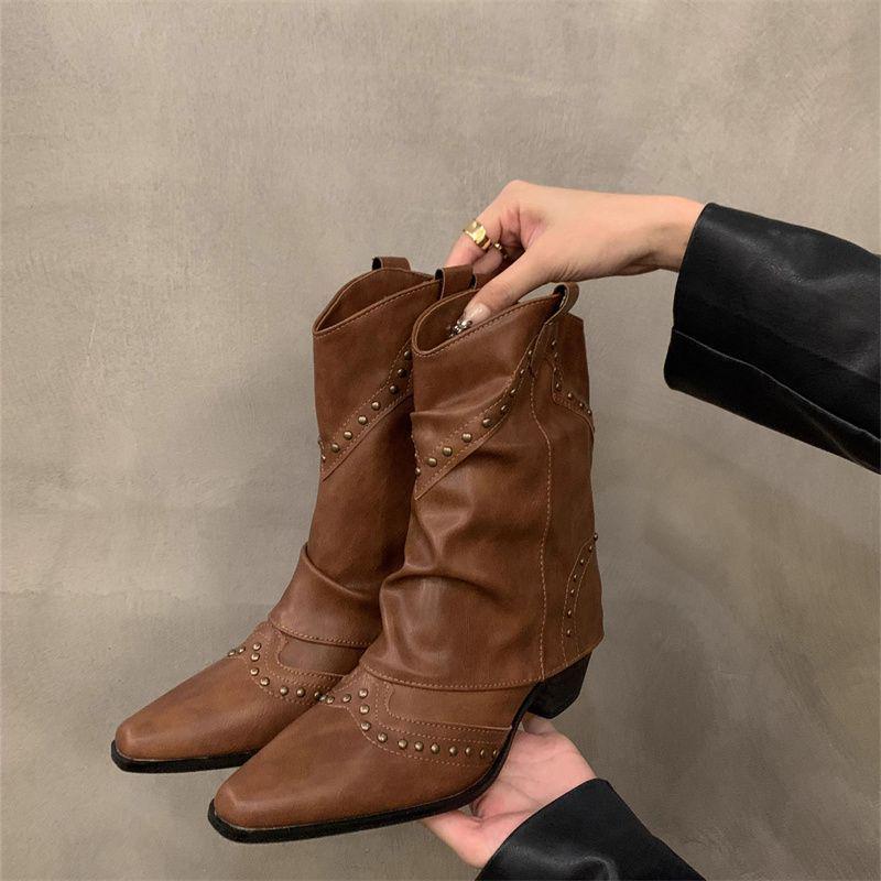 

Женские ретро ковбойские сапоги с острым носком - Мода Осень 2025, Мартинсы до щиколотки, стройнящие ногу 40