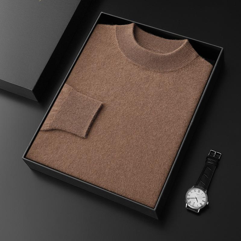 Men's Seamless Cashmere Sweater, Half-High Collar, Solid Color, Loose Fit, Plus Size, Base Layer for Autumn and Winter.