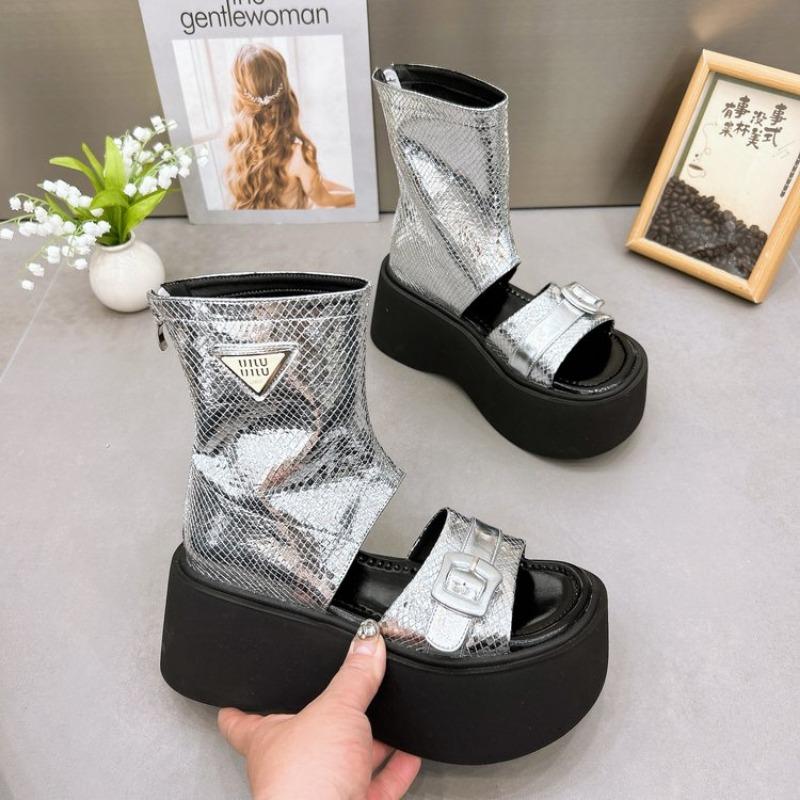 Women Thick-soled Sandals Metal Decoration Heel Wrap Rear Sandals Summer Party Medium Heel Roman Women Shoes Sandalias De Mujer