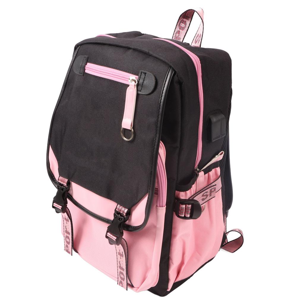 Travel Backpack with USB Charging Port and Headphone Hole Casual Double Shoulder Bag Black Pink