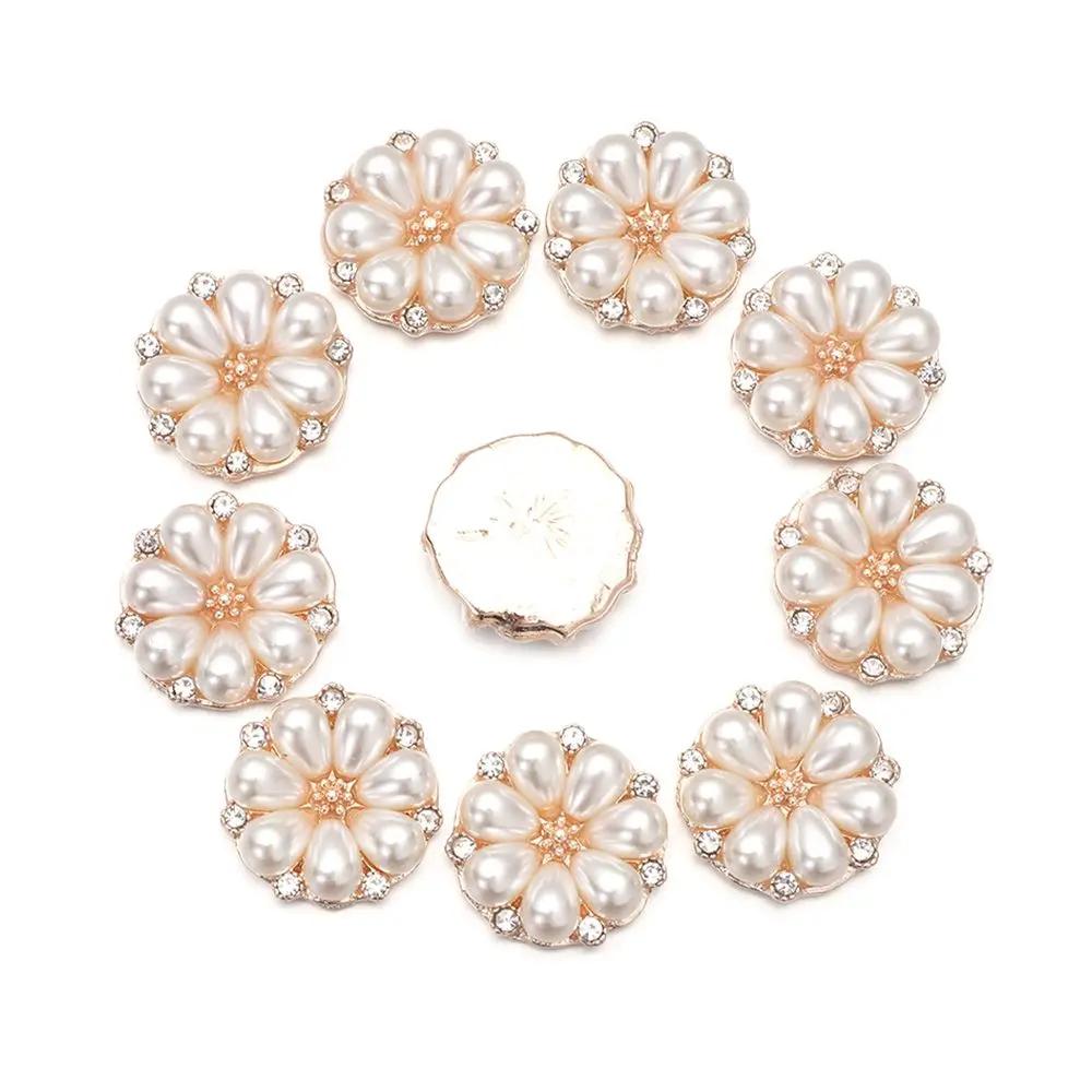 10PCS Pearl Flower Rhinestone Buttons Sparkling Crystal Hairpins Decorative Buttons for Clothes DIY Apparel Sewing Accessories