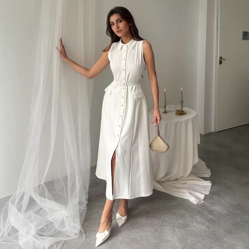 Women's Sleeveless Waistband Pearl Button Slimming Slit Work Dress