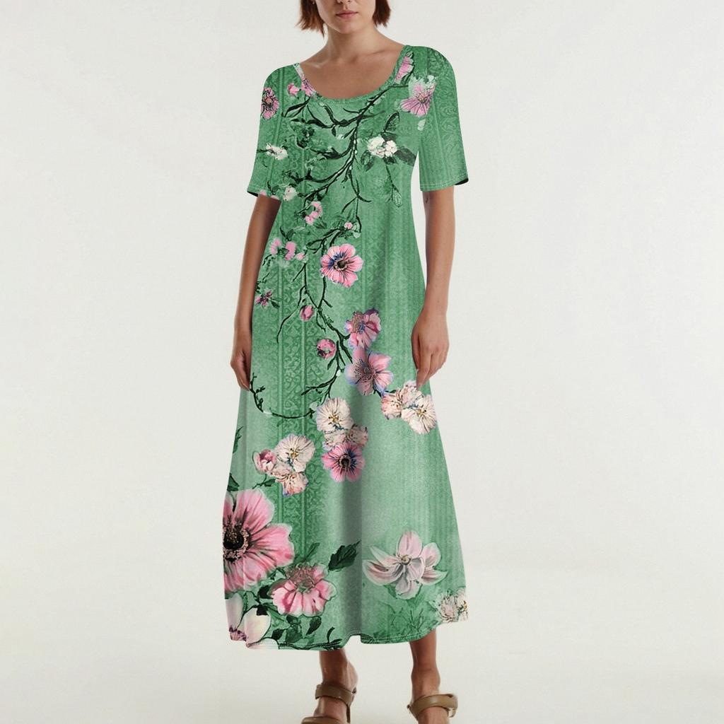 Women's Fashionable And Casual Long Beach Skirt Round Neck Short Sleeved Loose Retro Print Dress
