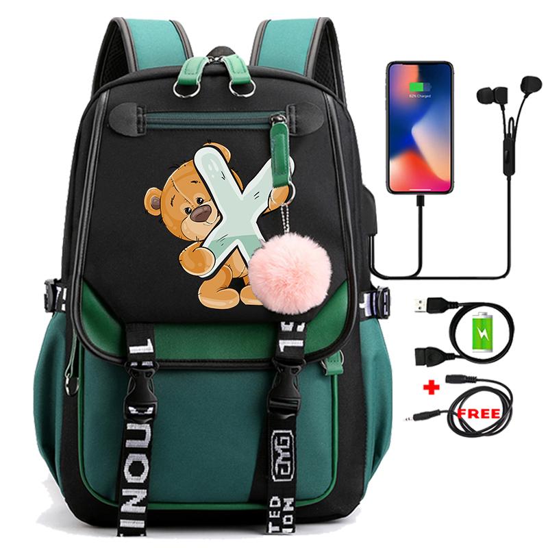 Lovely Little Bear 26 English Letters Student School Bag Backpack Outdoor Teenage Girl Cartoon Bookbag Laptop Travel Rucksack