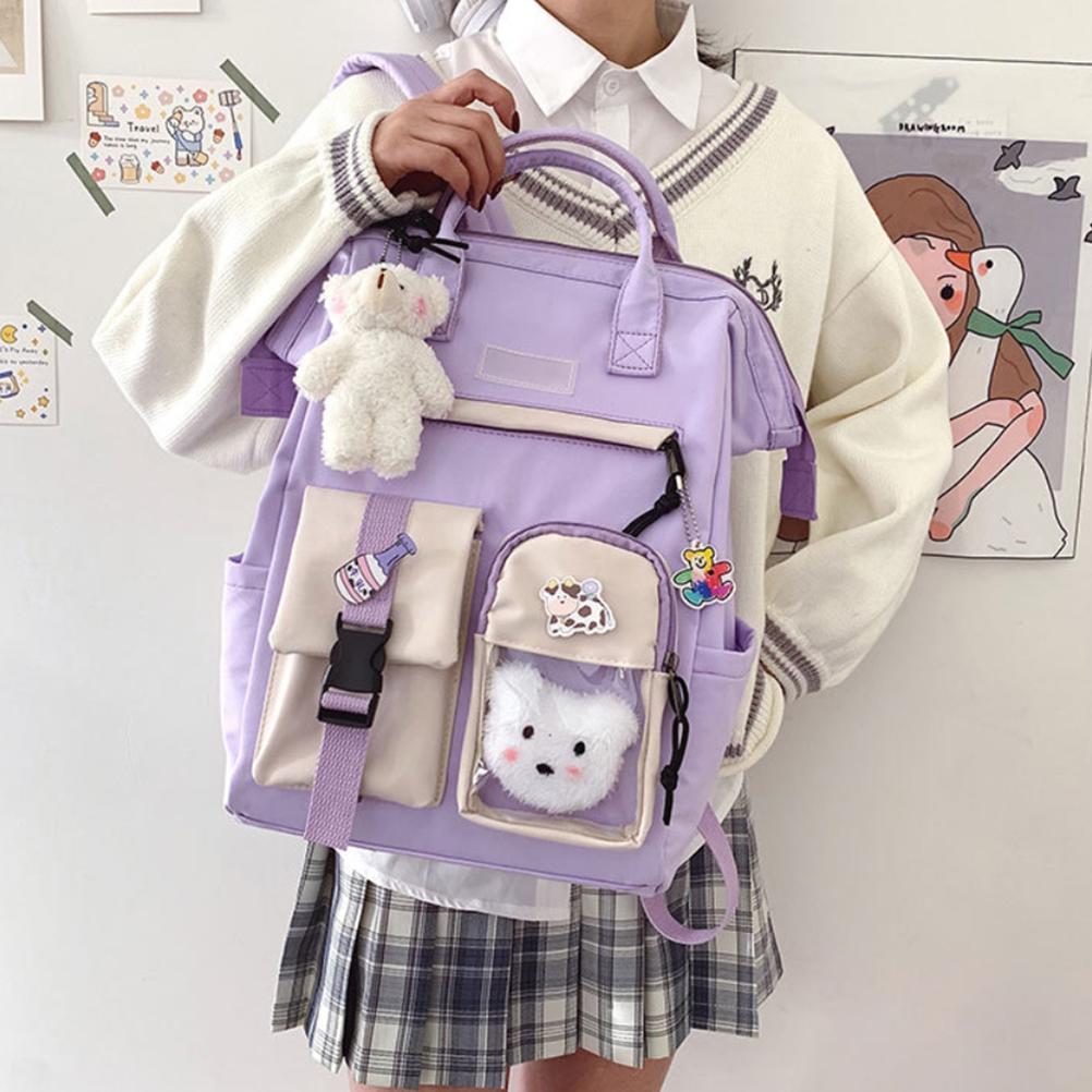 Cute Backpack with  Accessories Lightweight Large Capacity Student Book Bag School Bag Daypack for Outdoor Travel