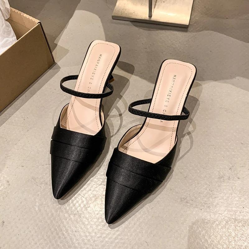 High-heeled Sandals Women's Thin Heels Pointed Summer 2025 New Outer Wear Bag Head Half Slippers